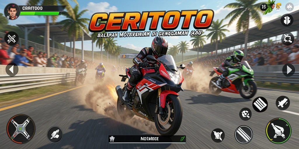 Tampilan gameplay seru dari CERITOTO dengan balapan motor yang mendebarkan.