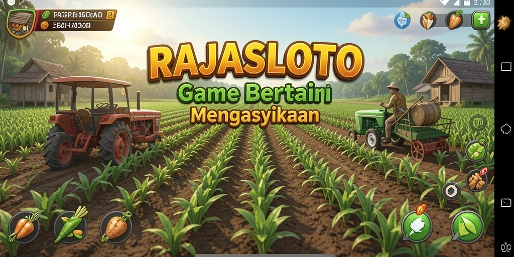 Tangkapan layar gameplay RAJASLOTO dengan kebun yang subur.