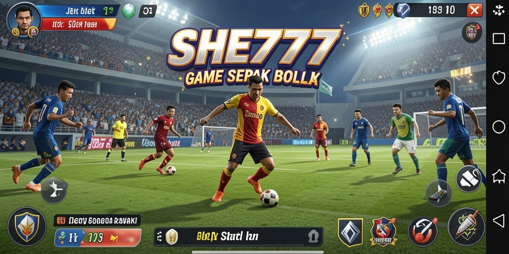 Screenshot SHE777 menunjukkan aksi menegangkan dalam pertandingan sepak bola.
